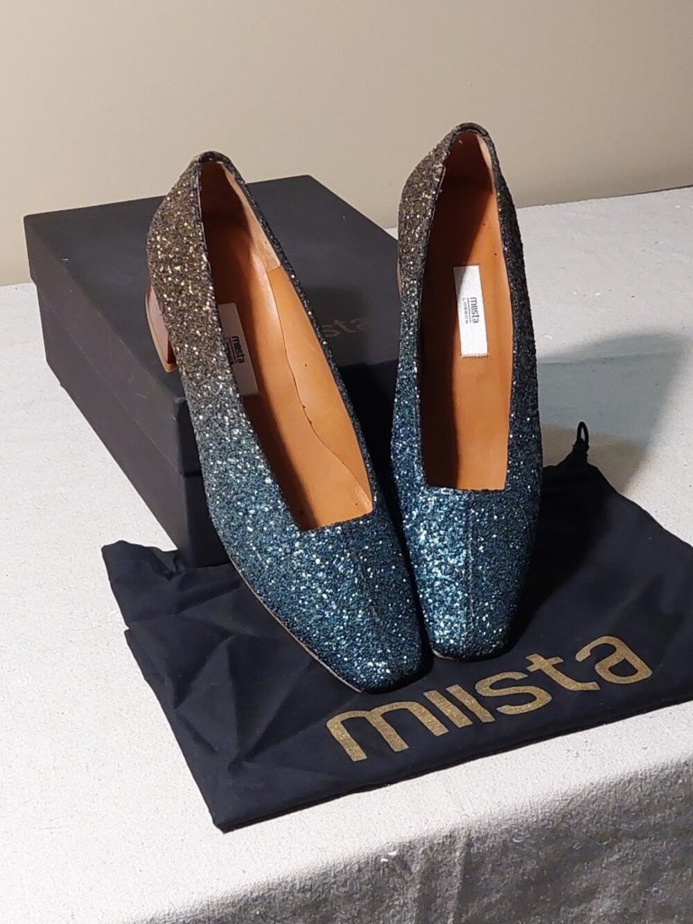 Miista Teal to Gold Ombre Glitter Block Heels